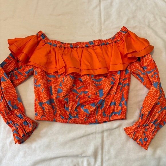 NEW Alden Adair Small Kelly Top ~ Orange Tigers Off Shoulder Ruffle Cropped - Picture 3 of 7